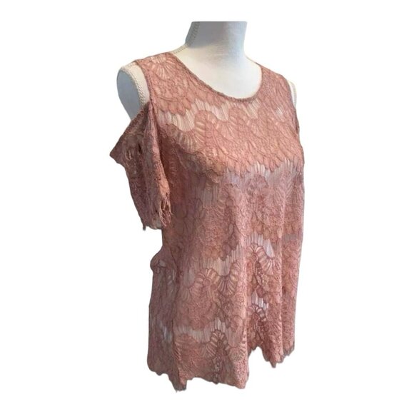 Inny Tops - INNY Dusty Rose Lace Top Cold Shoulders Split Back Zipper Size XL